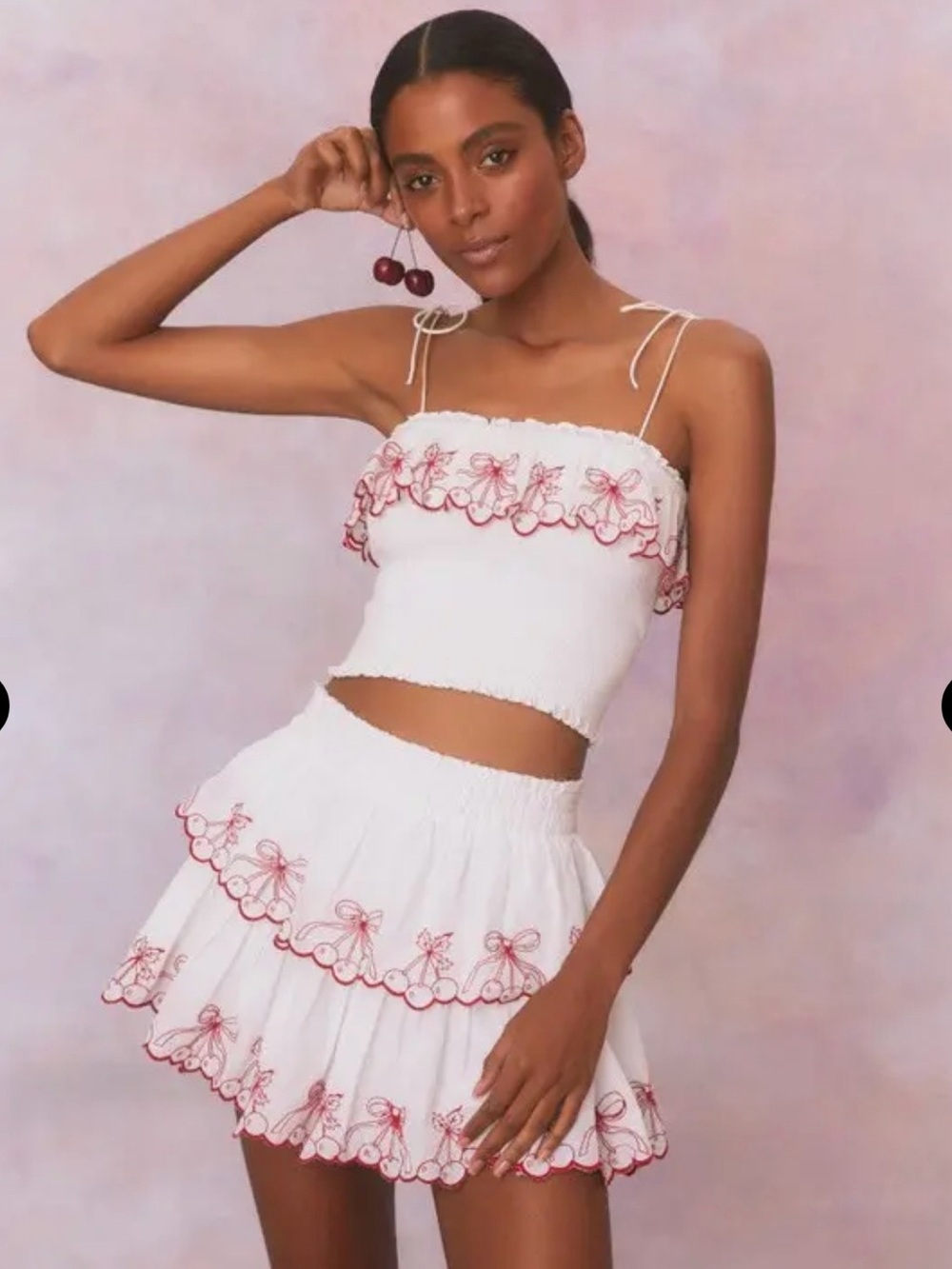 LoveShackFancy Carletta Cherry Embroidered Smocked Top & Amparo Mini Skirt Set L
